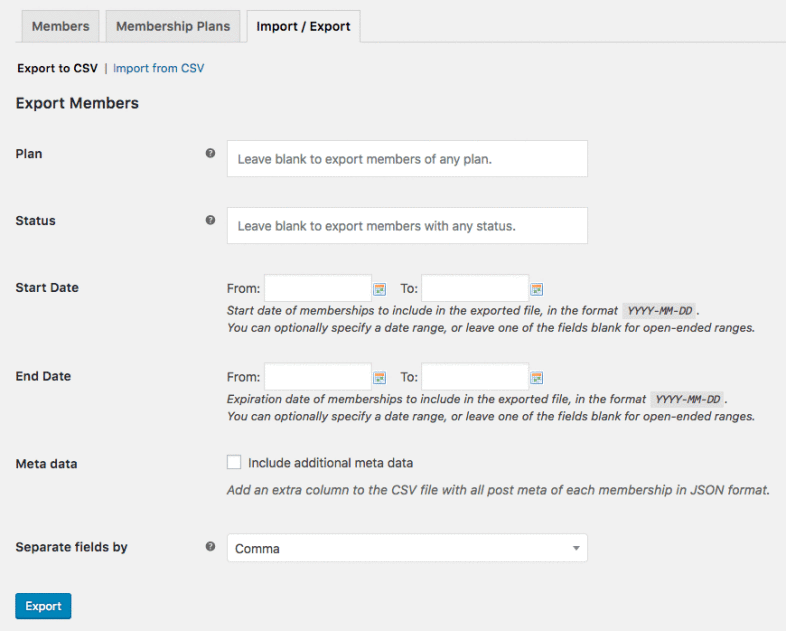 WooCommerce Membership Export Settings